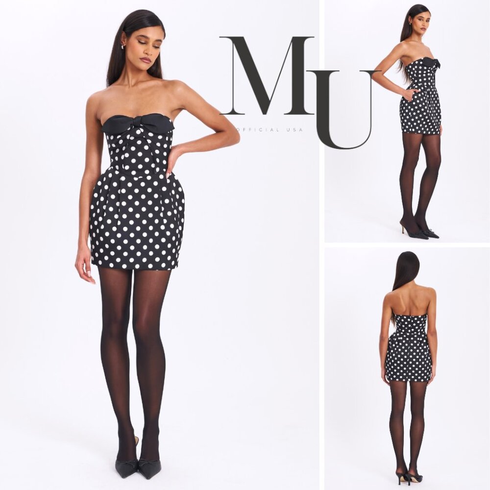 Tahira Black Polka Strapless Mini Dress With Bow